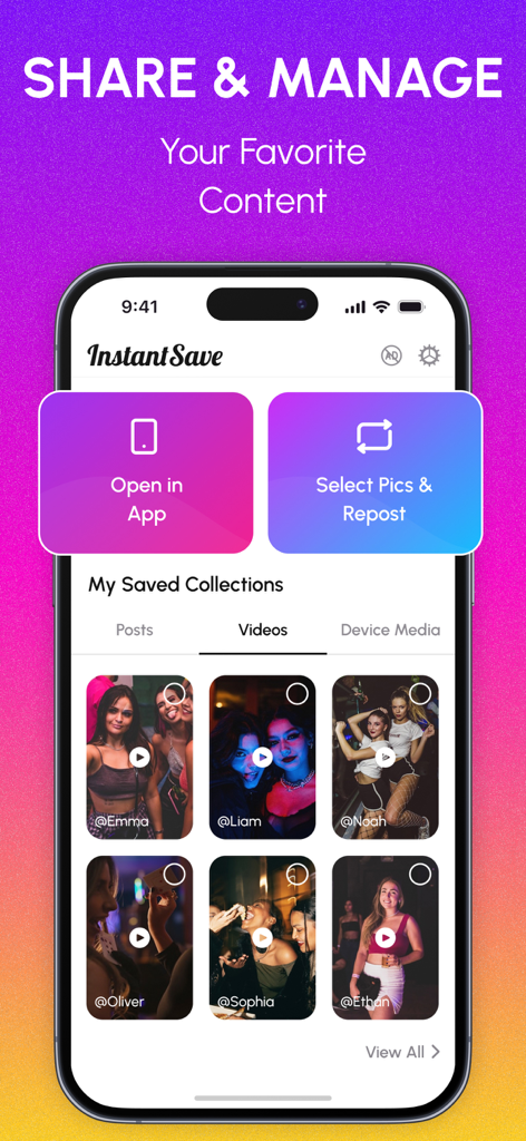 InstantSave app interface showing saved social media video collections and repost options.