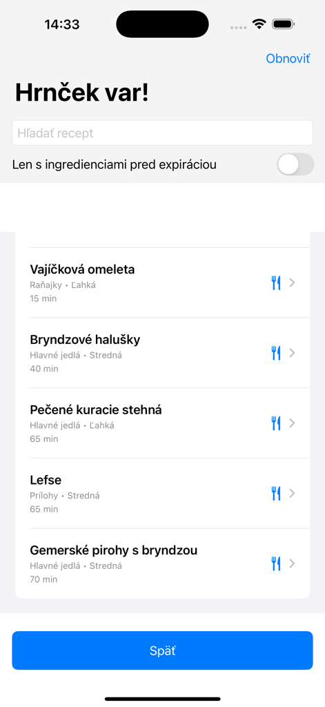 FoodStock - FoodStockアプリのインターフェースは、現在の家庭の食料品在庫に基づいた推奨レシピのリストを表示しています