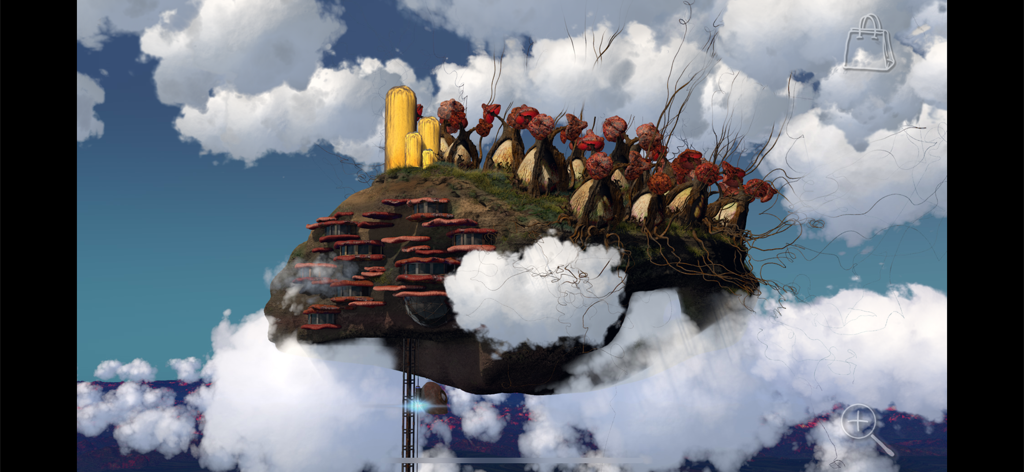 A hand drawn floating island with red mushroom trees in the clouds