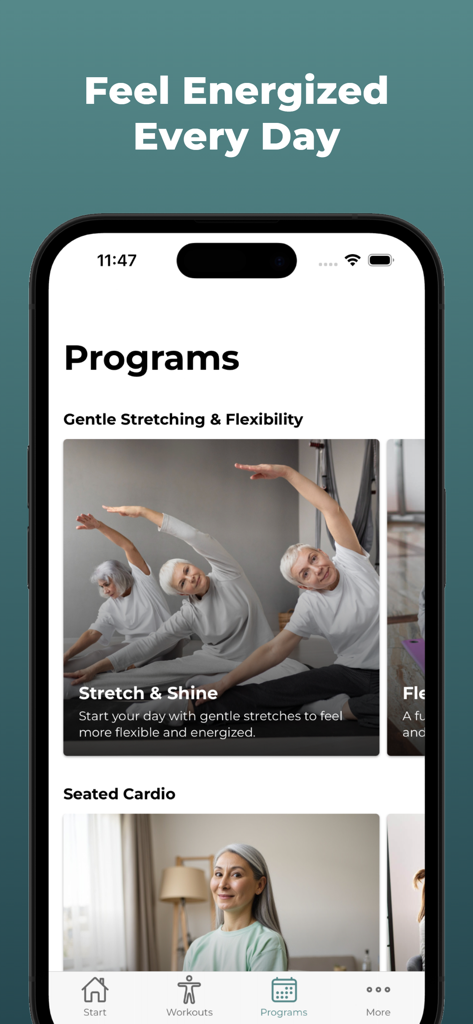 Home Workout For Seniors - Interfaz de una aplicación móvil que muestra programas de entrenamiento para personas mayores, incluyendo estiramientos suaves y rutinas de cardio sentadas.