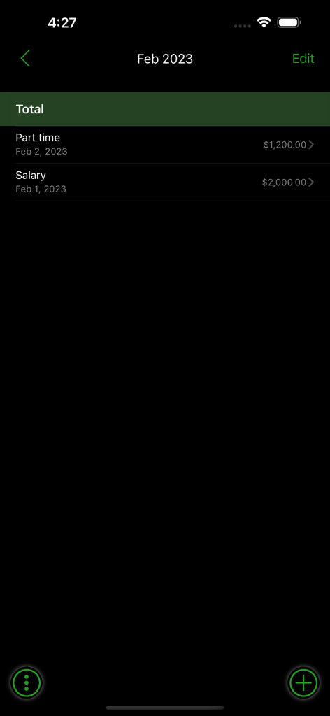 Simple Family Accounting monthly income list showing salary and part time earnings