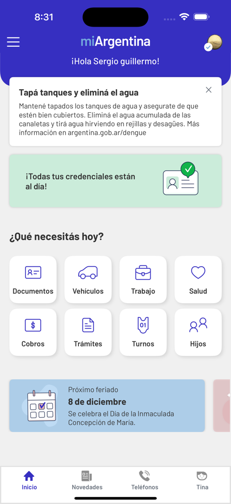 Mi Argentina - Interface de l'application Mi Argentina affichant les icônes de service citoyen et le statut des documents numériques