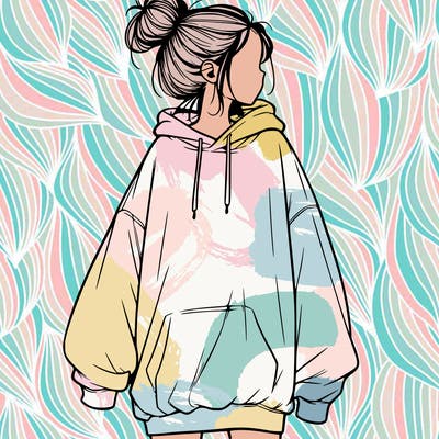 realistic girl with a oversized sweatshirt on and a bun