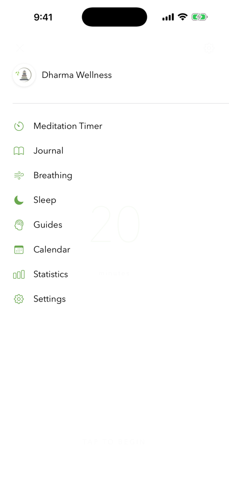 Dharma Wellness - Menú principal de la aplicación Dharma Wellness con temporizador de meditación, diario, respiración, guías de sueño, calendario, estadísticas y configuración