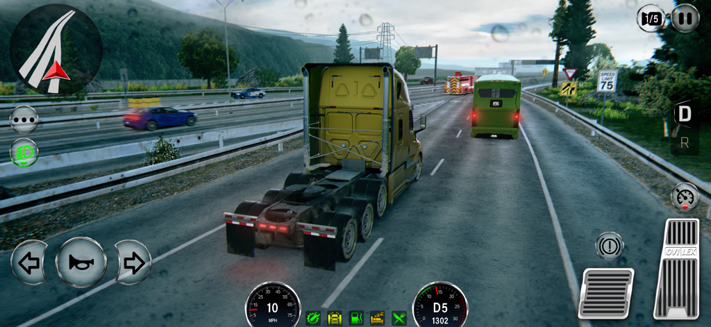 A yellow semi-truck driving on a highway during a rainy day in the Truck Adventure Drive USA mobile game.