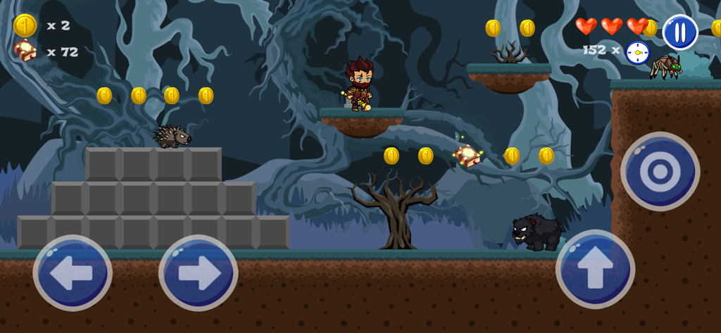 Wizard's World - Gameplay screenshot of Wizard's World showing a wizard character in a spooky forest platformer level with coins and enemies
