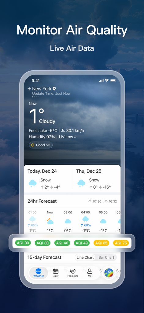 Interfaz de la aplicación MojiWeather que muestra el índice de calidad del aire en tiempo real y el pronóstico del tiempo para Nueva York.