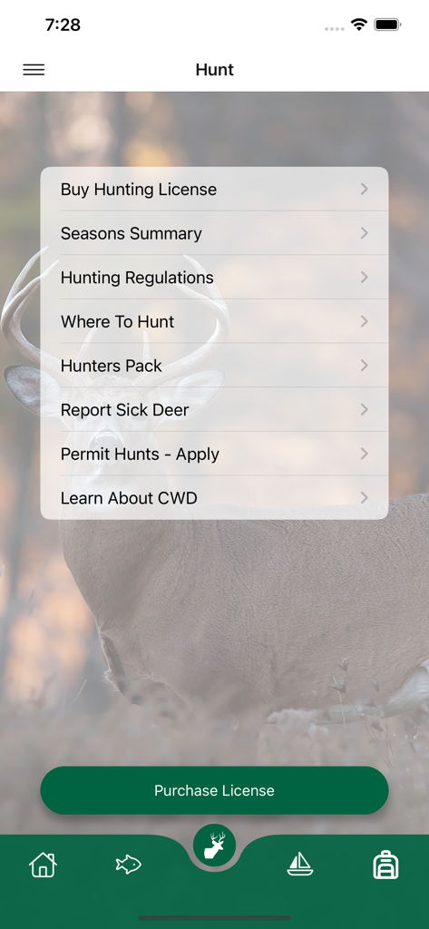 Go Outdoors North Carolina - Hunting menu of the Go Outdoors North Carolina app showing options for licenses and regulations over a deer background.