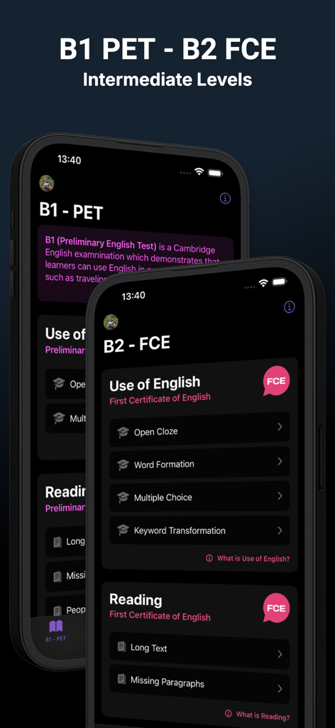 Use of English AI - Use of English AI app interface showing B1 PET and B2 FCE intermediate level exam preparation exercises