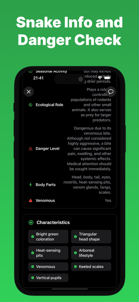 Snake Identifier - Snapey - Snake identification app showing danger level and venomous status.