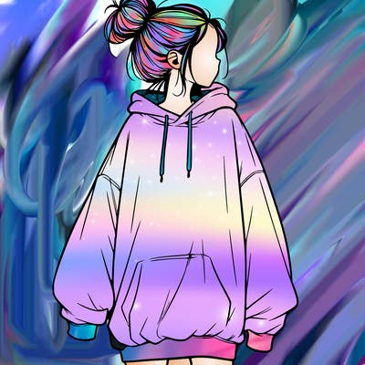 realistic girl with a oversized sweatshirt on and a bun