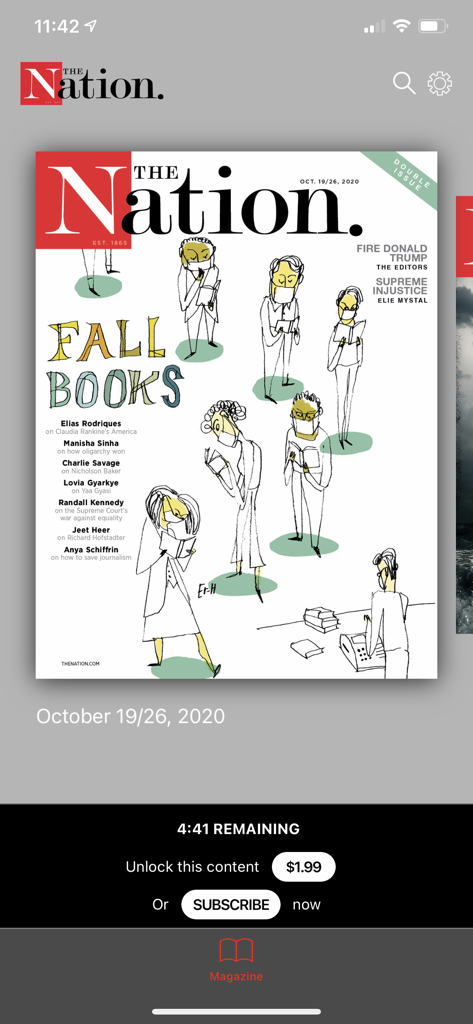 The Nation Magazine - The Nation Magazineアプリのスクリーンショット。購読オプションが表示された、2020年10月号のFall Books号の表紙が表示されます。