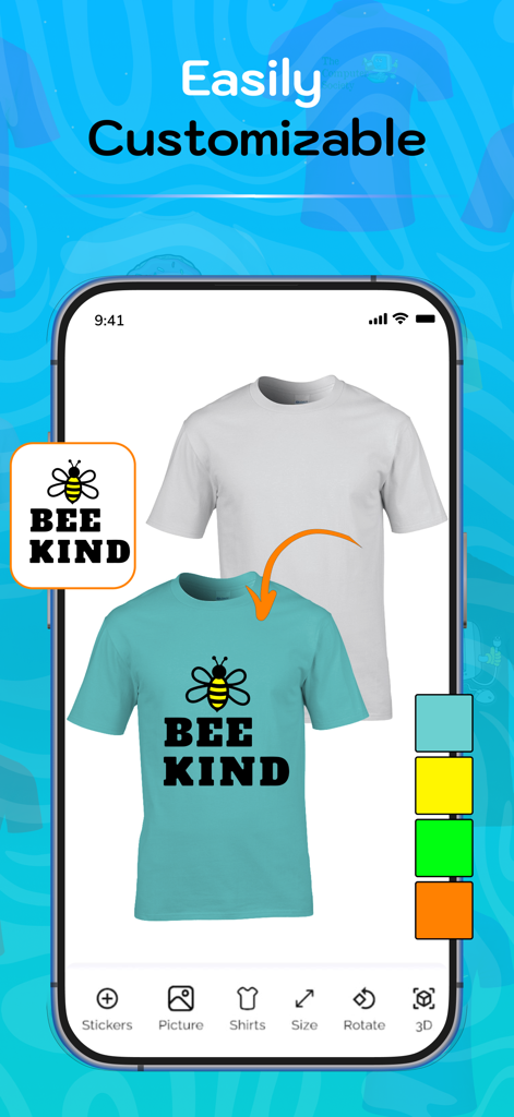 T-Shirt Editor: Shirt Designer - Mobile app interface showing the customization of a teal t-shirt with a bee sticker and color palette options.