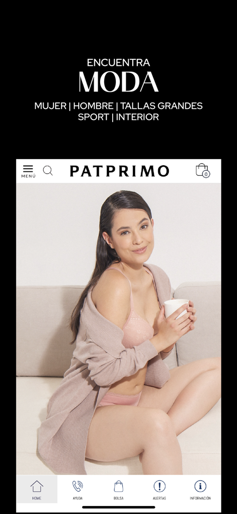 Patprimo fashion app interface showcasing women's lingerie and loungewear with category options like plus sizes and sports.