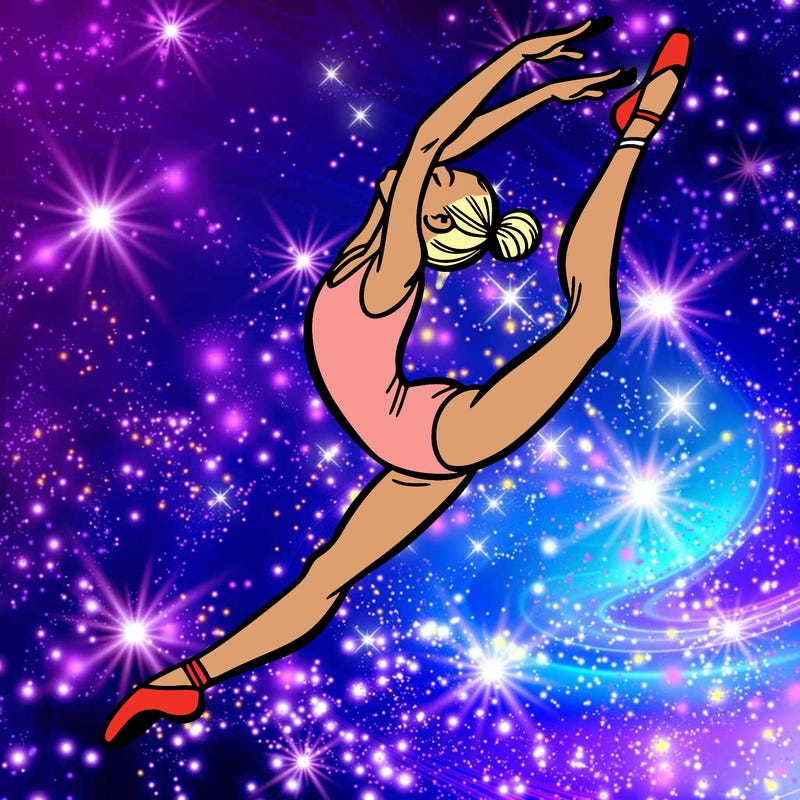 gymnast doing a leap in a leotard with a bent back leg