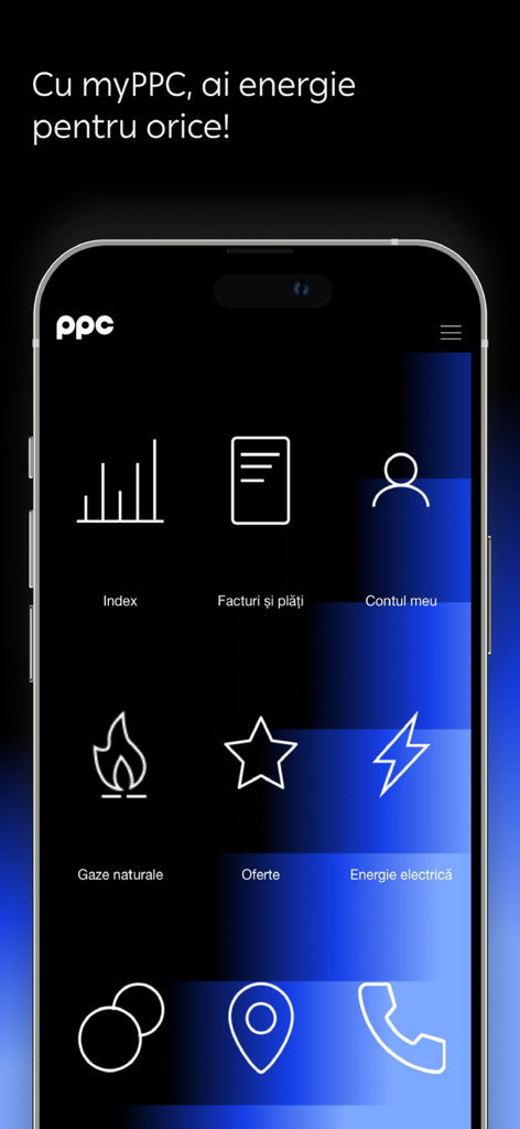 myPPC - Main dashboard of the myPPC mobile app showing utility management icons for bills, gas, and electricity