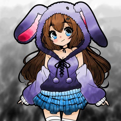 pretty anime girl wearing a fluffy hoodie with bunny ears on the hood and a skirt