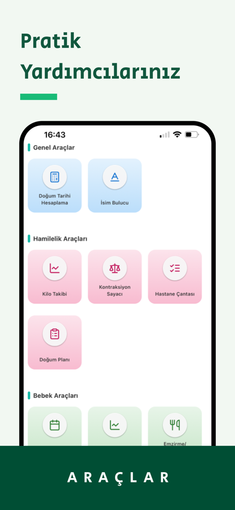 Babysfer | Bebek & Hamilelik - Babysfer app interface showing a dashboard with pregnancy and baby care tools in Turkish