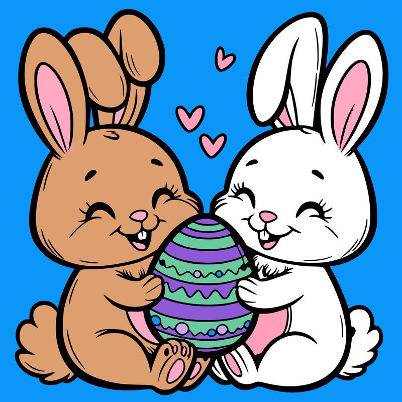 a pair of bunnies sharing an easter egg with big smiles on their faces.