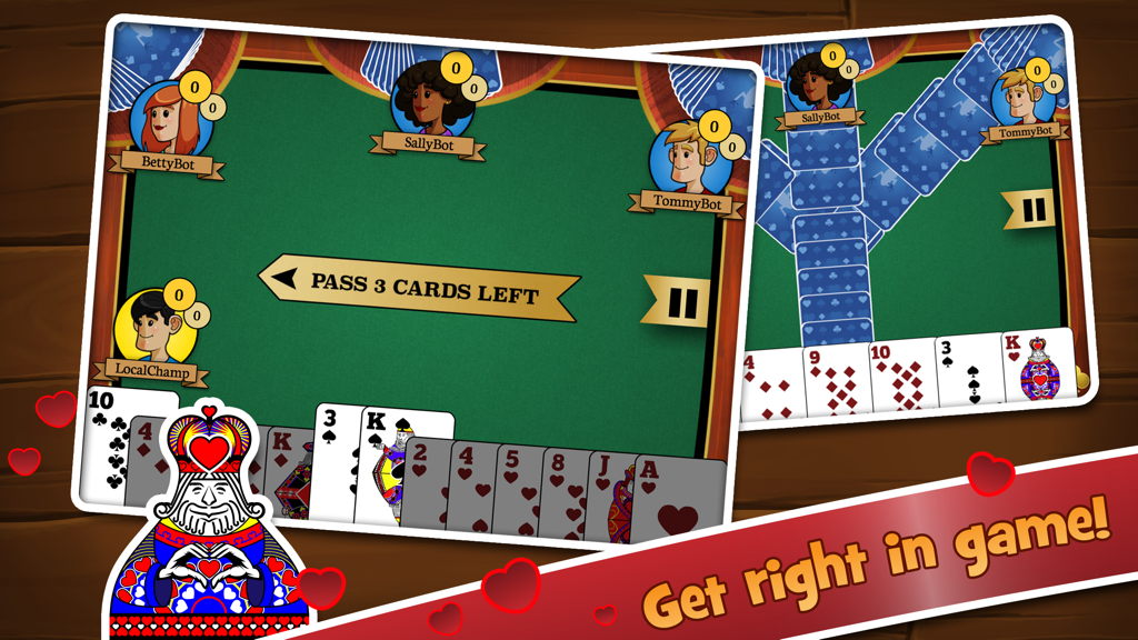 Gameplay screenshot of Hearts Multiplayer HD showing a green card table and player avatars