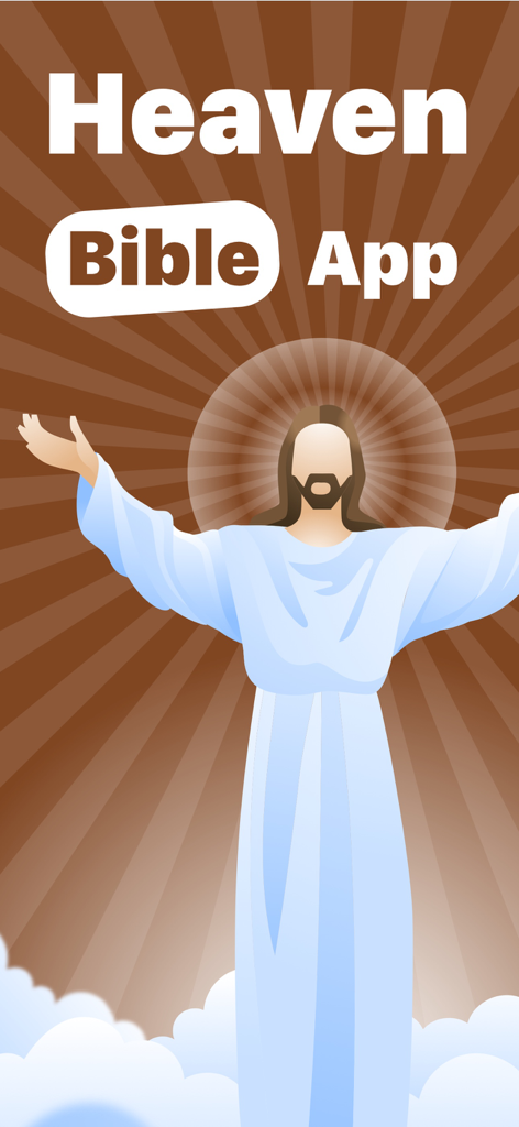 Pantalla de inicio de la aplicación Heaven Bible con una ilustración de Jesucristo de pie sobre nubes con los brazos extendidos