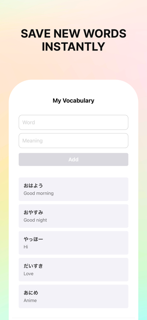 LunaTalk: AI Japanese Chat App - Interface of LunaTalk app showing the My Vocabulary section with a list of saved Japanese words and their English meanings.