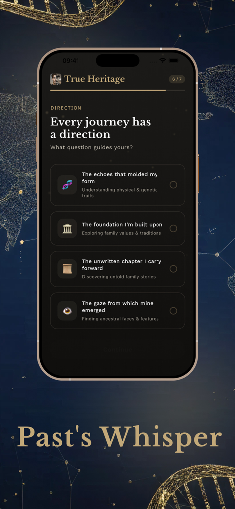 True Heritage & Ancestry DNA - True Heritageというタイトルのモバイルアプリ画面、ユーザーに祖先の旅のためのガイドとなる質問を選択するように求めています
