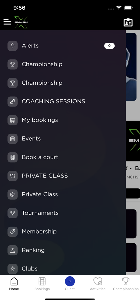 Smash X - Side menu of the Smash X app showing navigation options like court booking rankings and championships