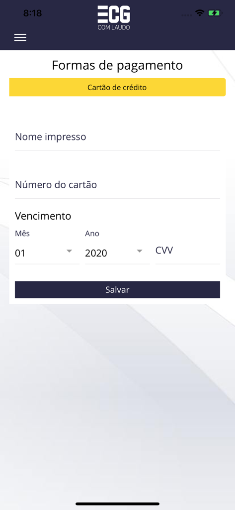 ECG com Laudo - Formulário de pagamento com cartão de crédito no aplicativo ECG com Laudo