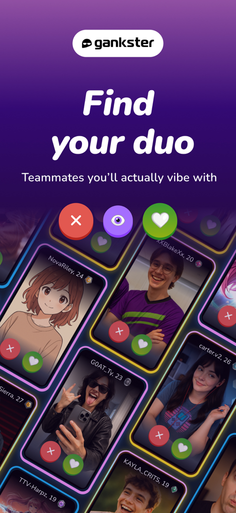 Gankster Duos - Gankster Duos app interface showing gamer profile cards with swipe buttons to find compatible teammates