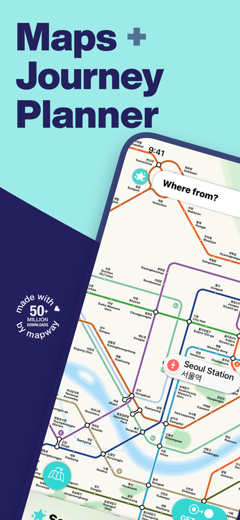 Interfaccia dell'app mobile della metropolitana di Seoul che mostra colorate linee di transito e una casella di ricerca per la pianificazione del viaggio
