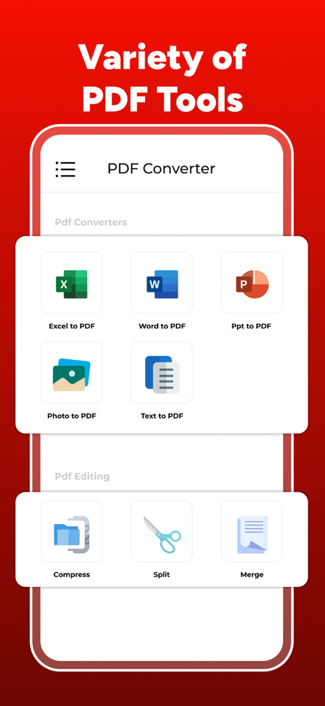 PDF Maker - Convert to PDF - PDF Maker app interface displaying various conversion and editing tools like Word to PDF and merge