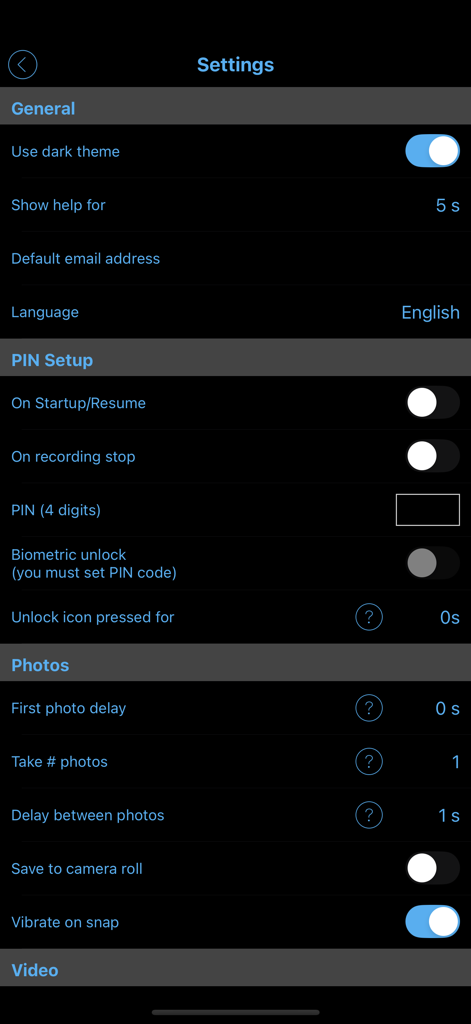 Camera Eye (Former Easy Calc) - Camera Eye app settings page displaying PIN setup and photo preferences.