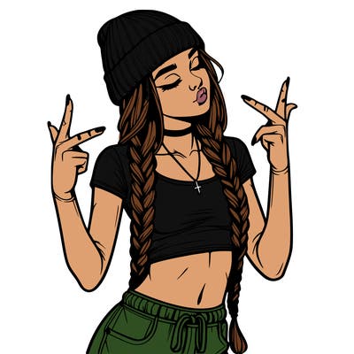 realistic teenage girl with braids and a beanie and crop top doing 🫶🏼