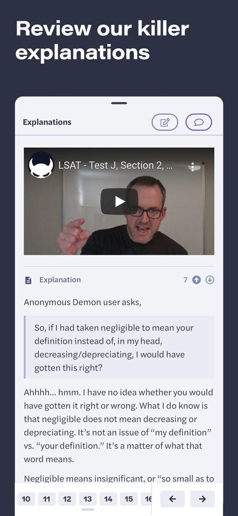 LSAT Demon - LSAT Demon mobile app interface displaying a video lesson and a detailed text explanation for a practice question