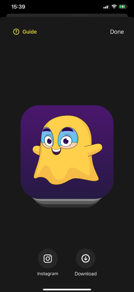 Vista previa de un icono de aplicación fantasma estético amarillo personalizado en la aplicación iThemes.