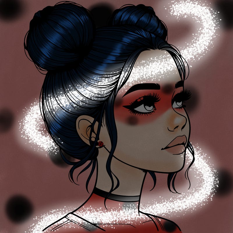 realistic girl with buns on the top of her head