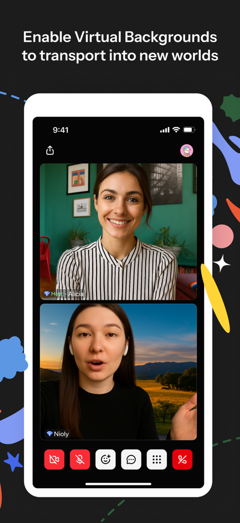 A video call on Huddle01 app featuring virtual backgrounds for participants.