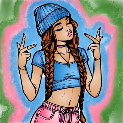 realistic teenage girl with braids and a beanie and crop top doing 🫶🏼