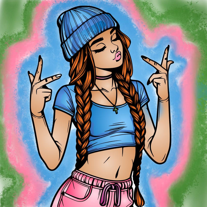 realistic teenage girl with braids and a beanie and crop top doing 🫶🏼