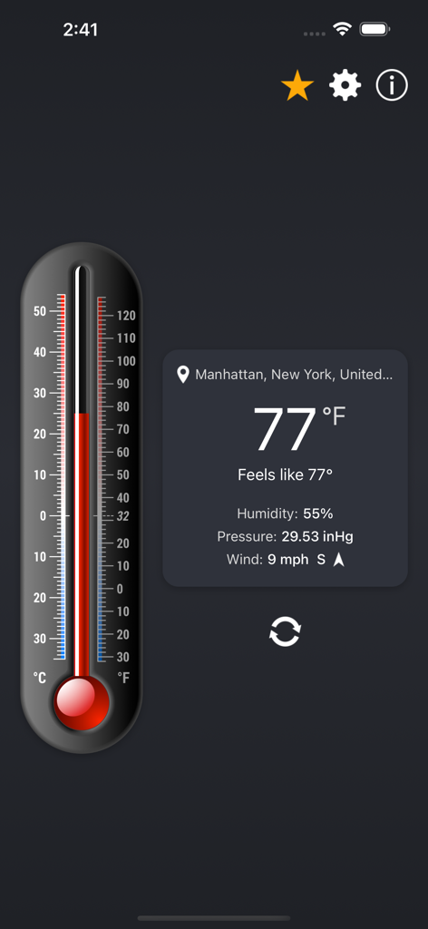 Thermometer plus plus app screen showing temperature and humidity in Manhattan New York