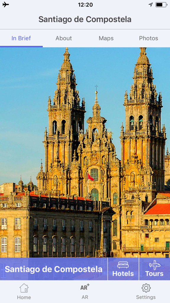 Santiago de Compostela Tourism - Schermata principale dell'app Santiago de Compostela Tourism che mostra la Cattedrale e le opzioni di navigazione del viaggio