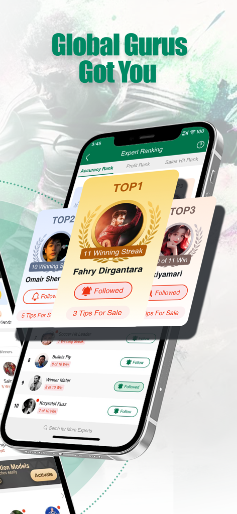 FootballAnt: Live Scores & Tip - Pantalla de la aplicación móvil FootballAnt que muestra el ranking de expertos de fútbol global y rachas de consejos ganadores