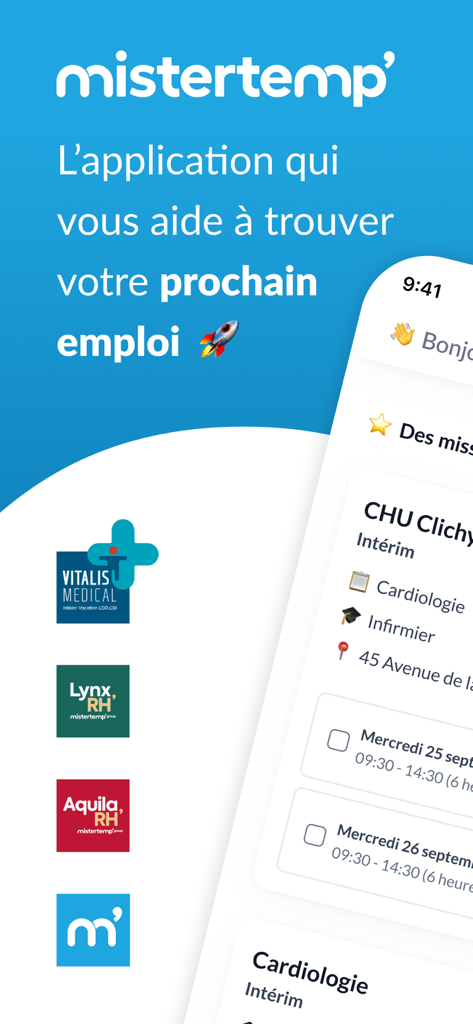 Mistertemp Group - Mistertemp Group mobile app interface showing nursing job listings and recruitment brands