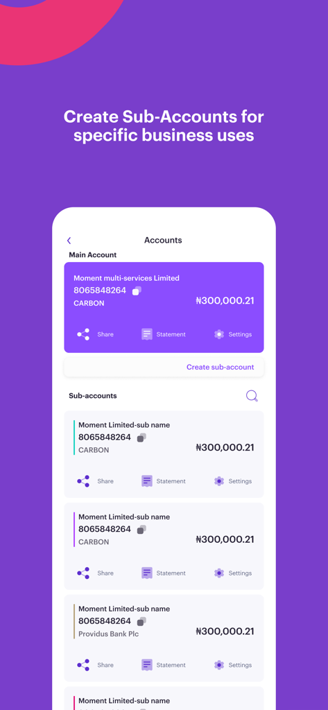 Interfaz de la aplicación bancaria empresarial Carbon que muestra una cuenta principal y múltiples subcuentas para una gestión financiera organizada.