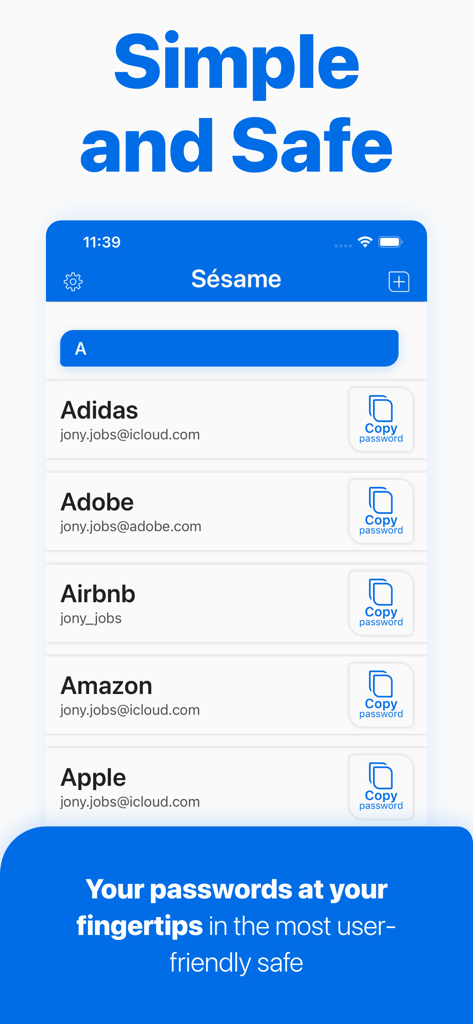 Sésame secure Password Manager - Interfaccia dell'app Sesame Password Manager che mostra l'elenco degli account e un design semplice