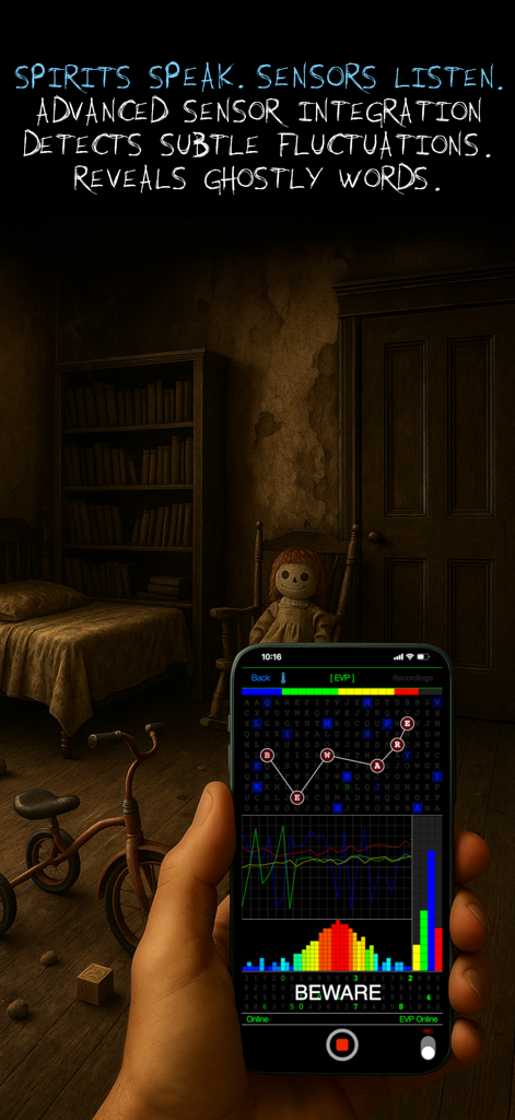 Smartphone displaying Ghost Science M3 app with EVP word detection in a haunted room setting