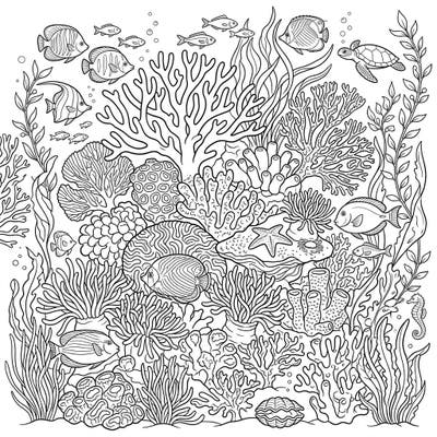 Dive into a mesmerizing underwater world with this intricate oceanic coral patterns coloring page, teeming with diverse marine life and lush coral formations. This detailed template offers hours of creative relaxation as you bring the beauty of the sea to life.