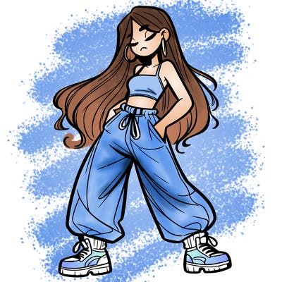 girl in baggy pants crop top and long hair