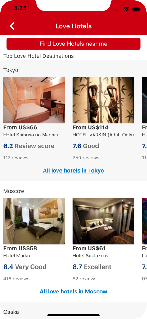 가격 및 리뷰와 함께 도쿄 및 모스크바의 호텔 목록을 표시하는 러브 호텔 앱 인터페이스